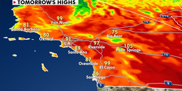 Forecast high temperatures in Southern California for Tuesday, Oct. 13, 2020.