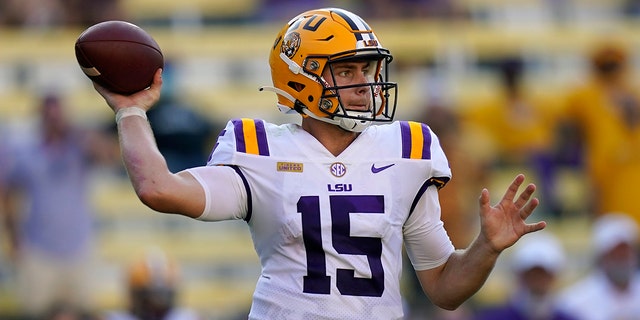 LSU quarterback Myles Brennan (15) passes in the second half an NCAA college football game against Mississippi State in Baton Rouge, La., Saturday, Sept. 26, 2020. Mississippi State won 44-34. (AP Photo/Gerald Herbert)