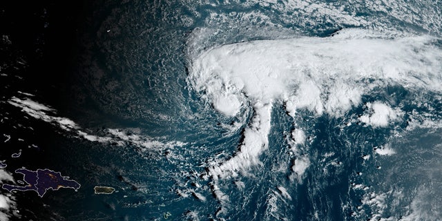 Tropical Storm Epsilon is seen over the Atlantic on Tuesday, Oct. 10, 2020.