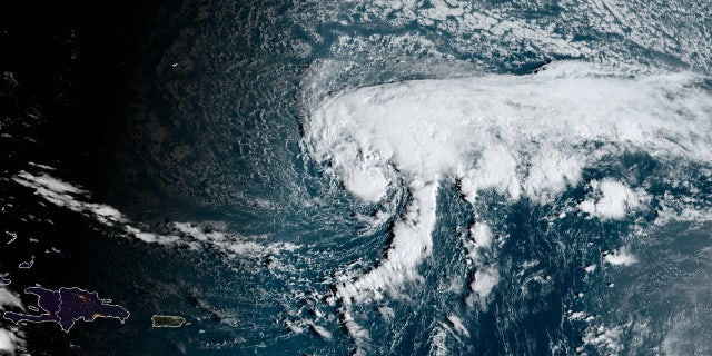 Tropical Storm Epsilon is seen over the Atlantic on Tuesday, Oct. 10, 2020.