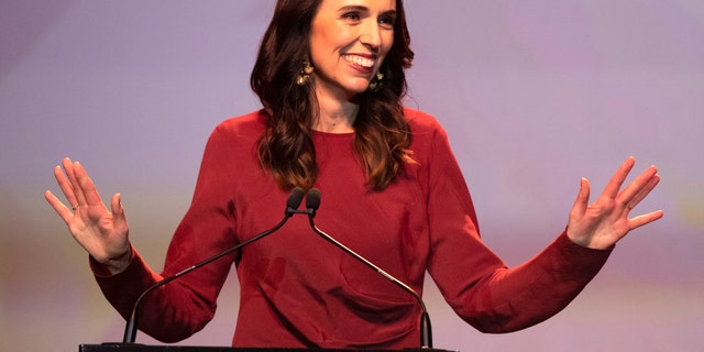New Zealand Prime Minister Jacinda Ardern gestures as she gives her victory speech to Labour Party members at an event in Auckland, New Zealand, Saturday, Oct. 17, 2020. (Associated Press)