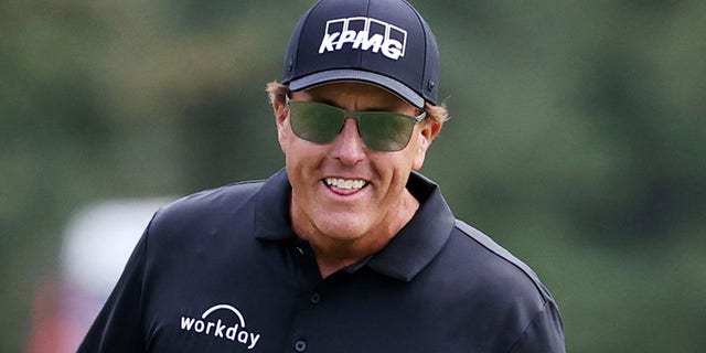 Phil Mickelson will be seen on October 18, 2020 at the Country Club of Virginia in Richmond, Virginia.  (Associated Press)