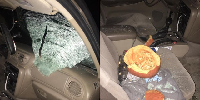 A pumpkin thrown from an overpass above Interstate 70 near Danville, Indiana, smashed through 20-year-old Caleb Needham's windshield, narrowly missing the college student.