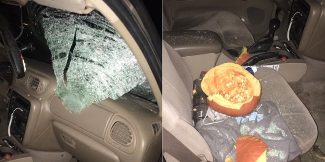 A pumpkin thrown from an overpass above Interstate 70 near Danville, Indiana, smashed through 20-year-old Caleb Needham's windshield, narrowly missing the college student.