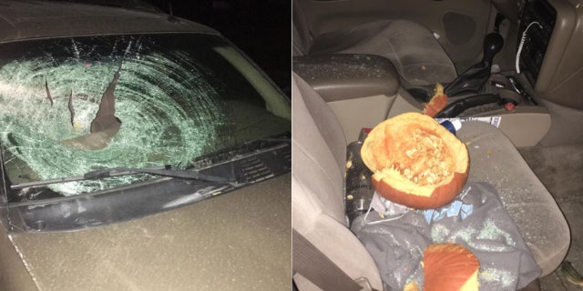 A pumpkin thrown from an overpass above Interstate 70 near Danville, Indiana, smashed through 20-year-old Caleb Needham's windshield, narrowly missing the college student.