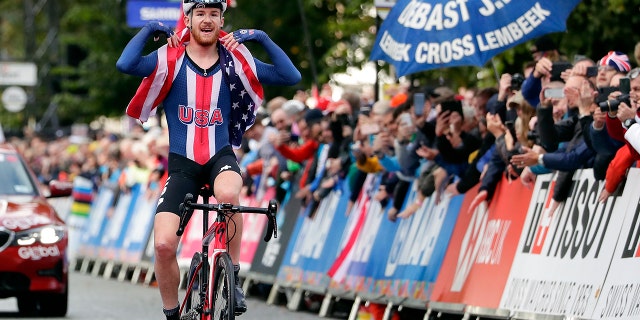 In this Thursday, Sept. 26, 2019 file photo, Quinn Simmons celebrates winning the men's junior event, at the road cycling World Championships in Harrogate, England. (AP Photo/Manu Fernandez)