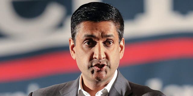 Rep. Ro Khanna speaks at a climate rally in Iowa City, Iowa, Jan. 12, 2020.
