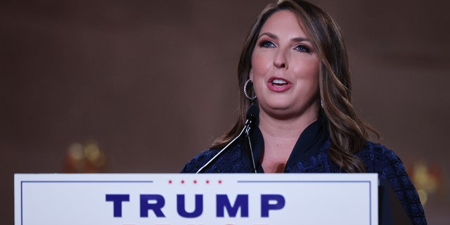 WASHINGTON, DC - AUGUST 24: Chair of the Republican National Committee Ronna McDaniel stands on stage in an empty Mellon Auditorium while addressing the Republican National Convention at the Mellon Auditorium on August 24, 2020 in Washington, DC. The novel coronavirus pandemic has forced the Republican Party to move away from an in-person convention to a televised format, similar to the Democratic Party's convention a week earlier. (Photo by Chip Somodevilla/Getty Images)