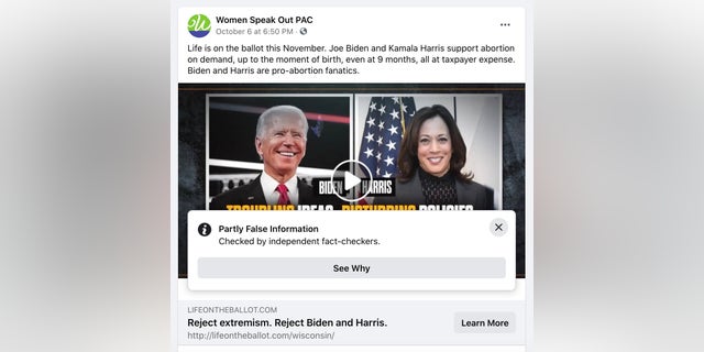 Facebook label claims anti-abortion ad contains "partly false information"