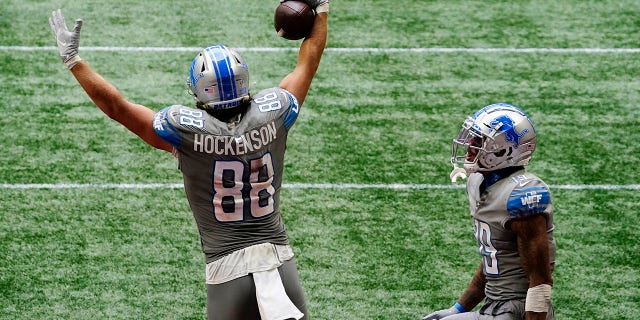 Detroit Lions tight end T.J. Hockenson (88) celebrates his touchdown against the Atlanta Falcons during the second half of an NFL football game, Sunday, Oct. 25, 2020, in Atlanta. The Detroit Lions won 23-22. (AP Photo/Brynn Anderson)