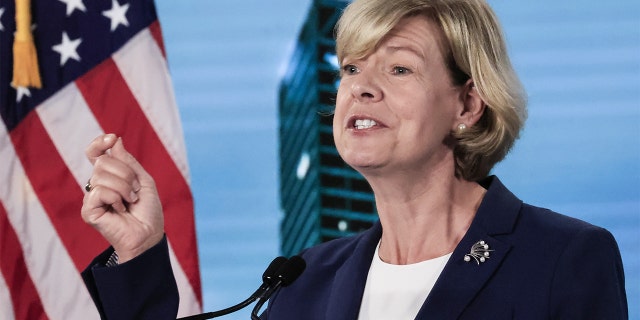 Sen. Tammy Baldwin speaks during the virtual Democratic National Convention in Milwaukee, Wisconsin, Aug. 20, 2020. (Tannen Maury/Pool via Reuters)