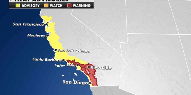 Heat warnings and heat advisories stretch along the California coast on Thursday, Oct. 1, 2020.