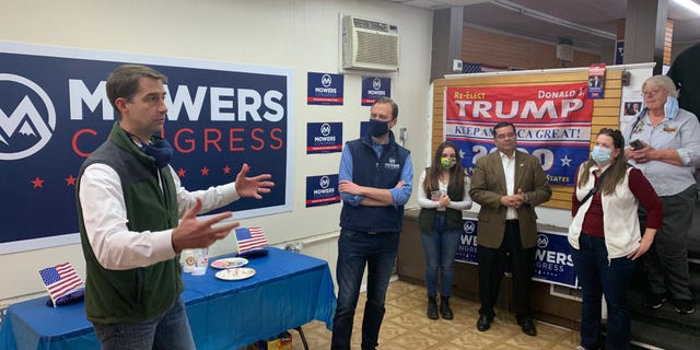 Sen. Tom Cotton of Arkansas joins Matt Mowers, the Republican nominee in New Hampshire's 1st Congressional District, on the campaign trial in Derry, N.H. on Oct. 18, 2020.