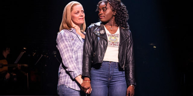 This image released by Vivacity Media Group shows Elizabeth Stanley, left, and Celia Rose Gooding during a performance of "Jagged Little Pill." The musical leads the Tony Awards nominations with 15 nods in a pandemic-shortened season.