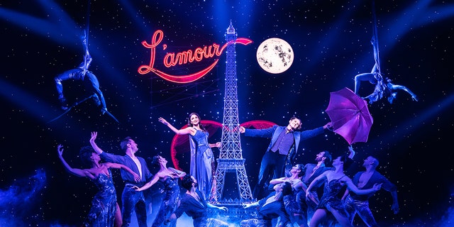 This image released by Boneau/Bryan-Brown shows Aaron Tveit, center right, and Karen Olivo, center left, during a performance of the musical "Moulin Rouge!" Nominations for Tony Awards will be announced Thursday with just 18 eligible plays and musicals making the cut, a fraction of the 34 shows the season before.