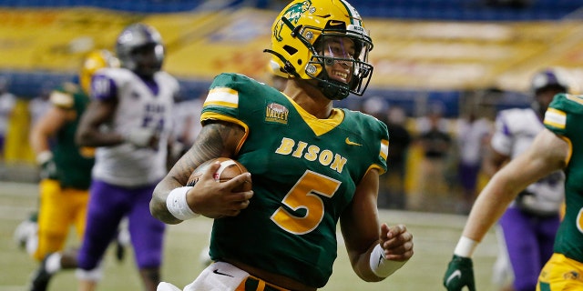 North Dakota State quarterback Trey Lance runs for a touchdown against Central Arkansas in the third quarter of an NCAA college football game Saturday, Oct. 3, 2020, in Fargo, N.D. North Dakota State won 39-28. (AP Photo/Bruce Kluckhohn)