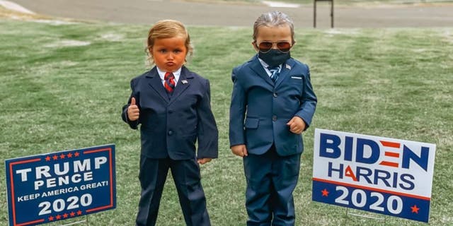 Twin girls dressed in Trump and Biden costumes for Halloween (Adrea Garza)