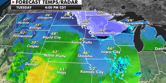Future radar shows where the snow will be falling by Tuesday afternoon.