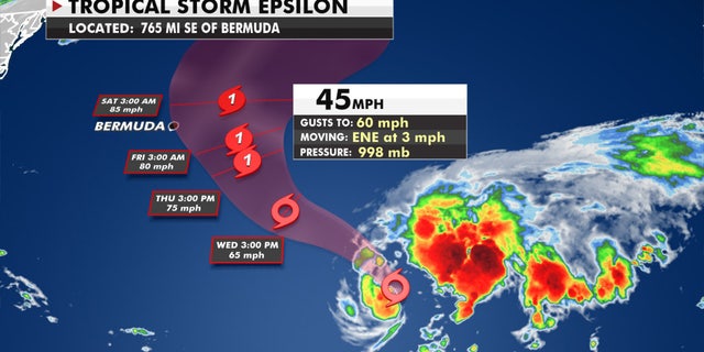 The forecast track of Tropical Storm Epsilon.