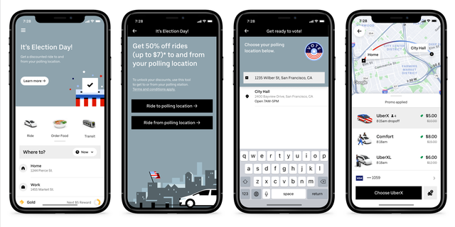 To further encourage turnout, Uber is also making it easy for users to find local polling sites with a special in-app feature and reduced fare for trips to and from the polls.