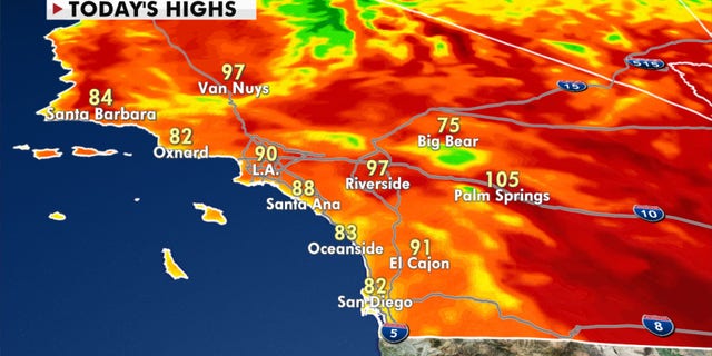 California faces 'critical' wildfire risk as heat wave builds, winds may 'hamper' containment efforts 3 Forecast high temperatures across Southern California for Wednesday, Oct. 14, 2020.