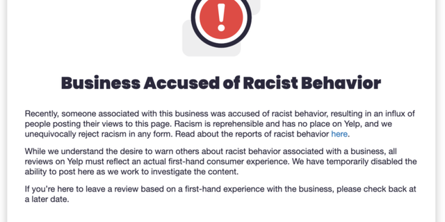Yelp's new alert notifies customers that a business has been accused of racist behavior. (Yelp).