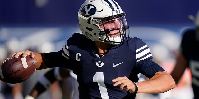 BYU quarterback Zach Wilson (1) throws downfield against UTSA in the second half during an NCAA college football game Saturday, Oct. 10, 2020, in Provo, Utah. (AP Photo/Rick Bowmer, Pool)