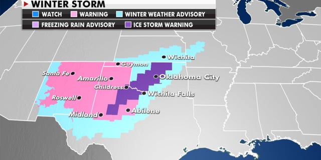 Winter storm and ice storm warnings are up Tuesday across the southern Rockies and into the Plains.