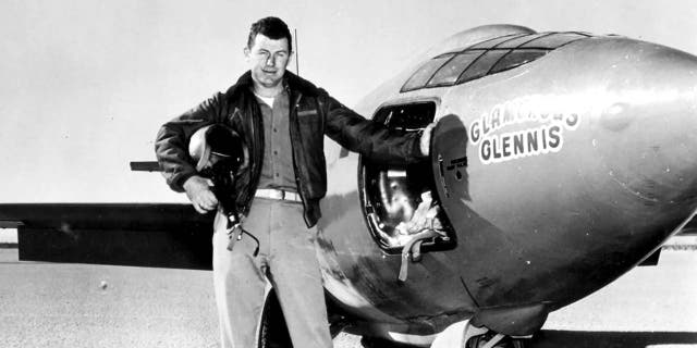 USAF Capt. Charles E. Yeager (shown standing with the Bell X-1 supersonic rocket plane) became the first man to fly faster than the speed of sound in level flight on Oct. 14, 1947. (Image credit: United States Air Force Archive)