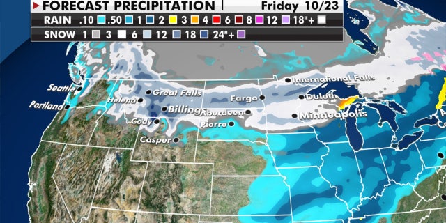 Snow is forecast to spread across the Upper Midwest into the Great Lakes.