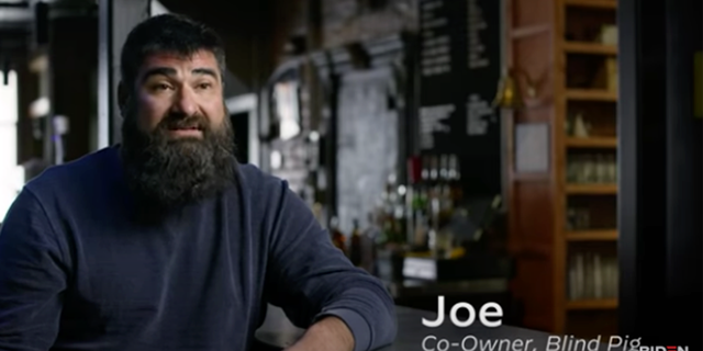 The Blind Pig co-owner, Joe Malcoun, seen in a recent TV ad released by Joe Biden's presidential campaign.