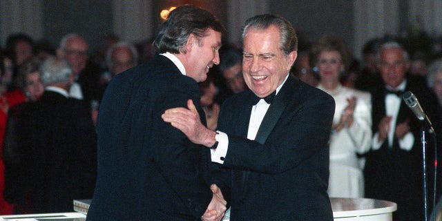 Trump raid was Biden 'metastasizing' Nixon-Obama tact of targeting political enemies: Ted Cruz 2 In this March 11, 1989, photo of Donald Trump shakes hands with former President Richard Nixon during a gala honoring Nellie Connally at the Westin Galleria Ballroom in Houston, Texas.