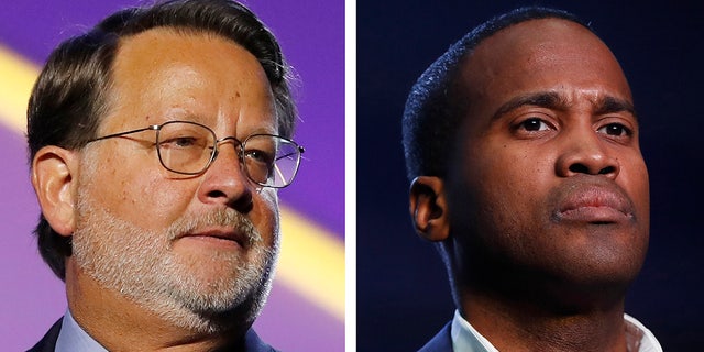 In this combination of 2018 and 2019 file photos are, from left, Democratic U.S. Sen. Gary Peters, D-Mich., and Republican U.S. Senate candidate John James.  (AP Photos, File)