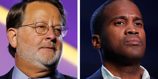 In this combination of 2018 and 2019 file photos are, from left, Democratic U.S. Sen. Gary Peters, D-Mich., and Republican U.S. Senate candidate John James. Money is abundant in Michigan's competitive U.S. Senate race between Peters and James. A campaign-finance expert projects spending will top a staggering $100 million by Election Day. (AP Photos, File)
