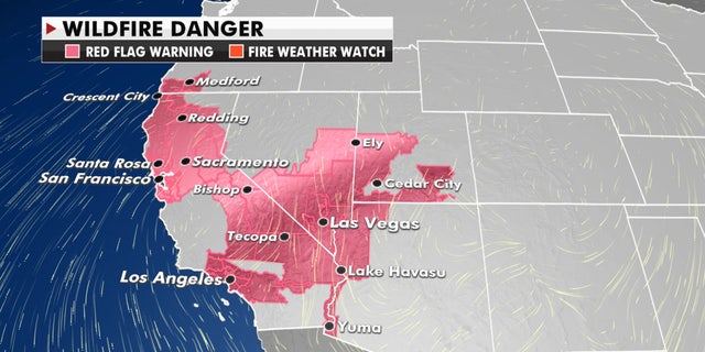 Fire flag warnings stretch through the West and California on Monday due to critical to extreme fire danger.