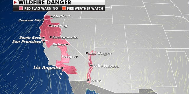 Red flag warnings stretch across California due to ongoing wildfire concerns.