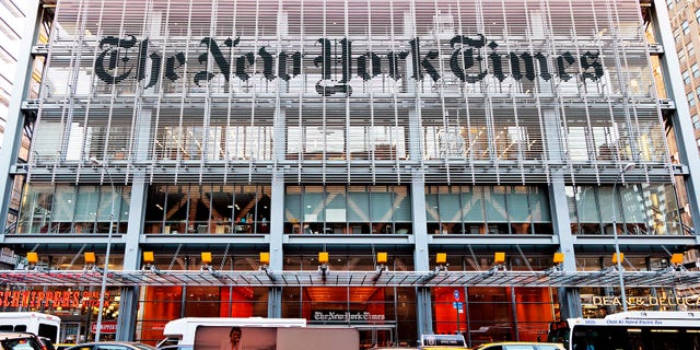 New York, USA - June 7, 2014: Facade of the New York Times headquarters building on 8th Ave. in Midtown Manhattan. The building was completed in 2007. The New York Times is an american daily newspaper that was founded in 1851.