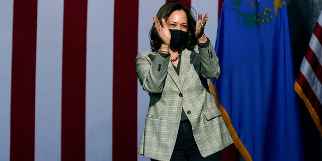 Democratic vice presidential candidate Sen. Kamala Harris, D-Calif., reacts after speaking at a drive-in campaign event Friday, Oct. 2, in Las Vegas. (AP Photo/John Locher)