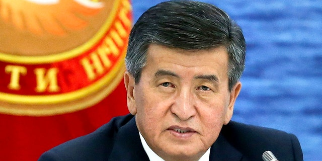 Kyrgyzstan's President Sooronbai Jeenbekov speaks at the Eurasian Economic Union Intergovernmental Council in Cholpon-Ata, Kyrgyzstan, Aug. 9, 2019. (Associated Press)