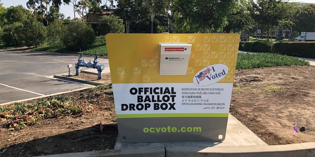 Official ballot drop boxes in Orange County, California are designed to meet state standards for security and bear the official Orange County Elections logo (Registrar of Voters for Orange County)