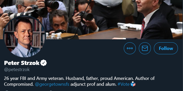 A screenshot of former FBI special agent Peter Strzok's Twitter bio, which now includes his role at Georgetown University.