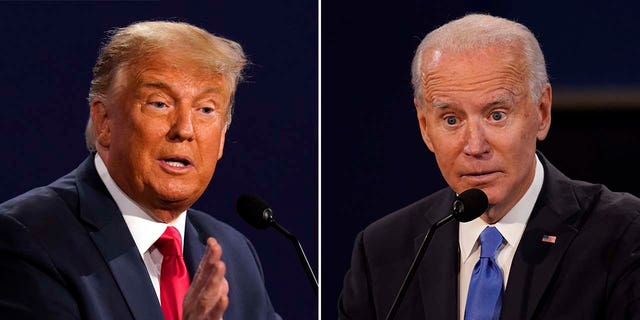 Donald Trump and Joe Biden during the second and final presidential debate Thursday, Oct. 22, 2020, at Belmont University in Nashville, Tenn. (AP Photo/Patrick Semansky)