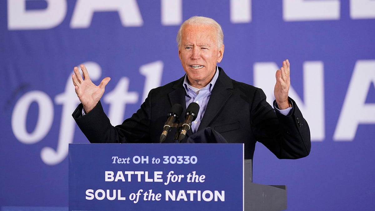 Democratic presidential candidate former Vice President Joe Biden speaks at a rally at Cleveland Burke Lakefront Airport, Monday, Nov. 2, 2020, in Cleveland. (AP Photo/Andrew Harnik)