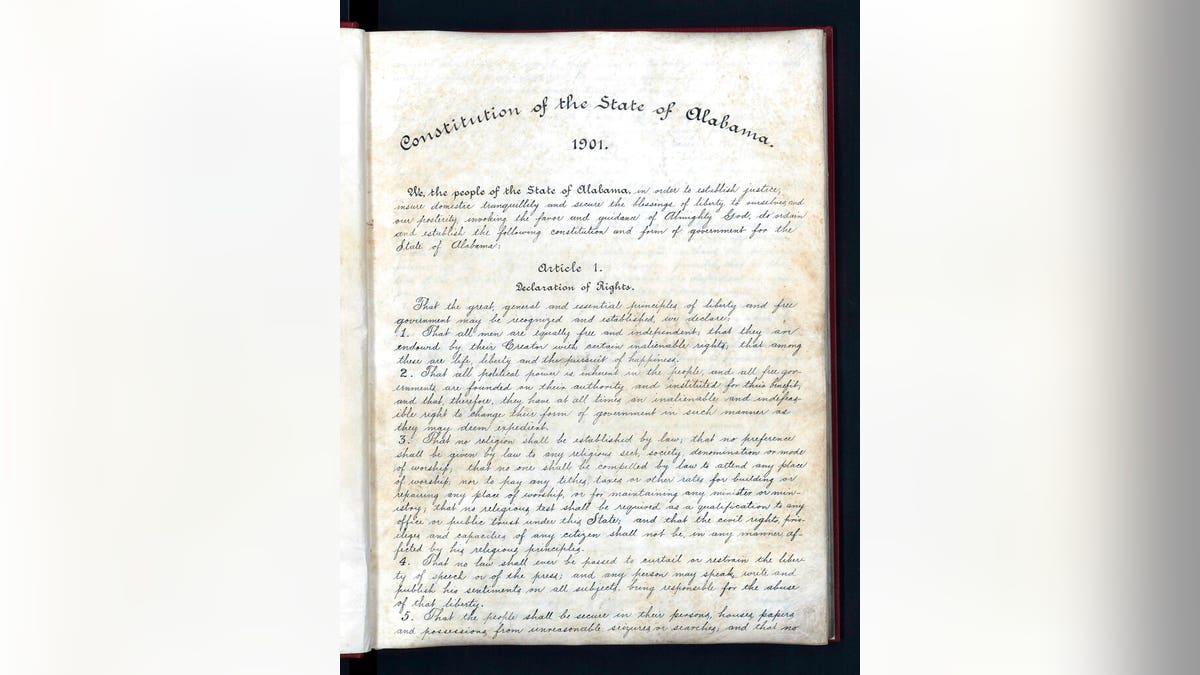 This undated image released by the Alabama Department of Archives and History shows Alabama's 1901 Constitution, which was intended to maintain white supremacy in the state. 