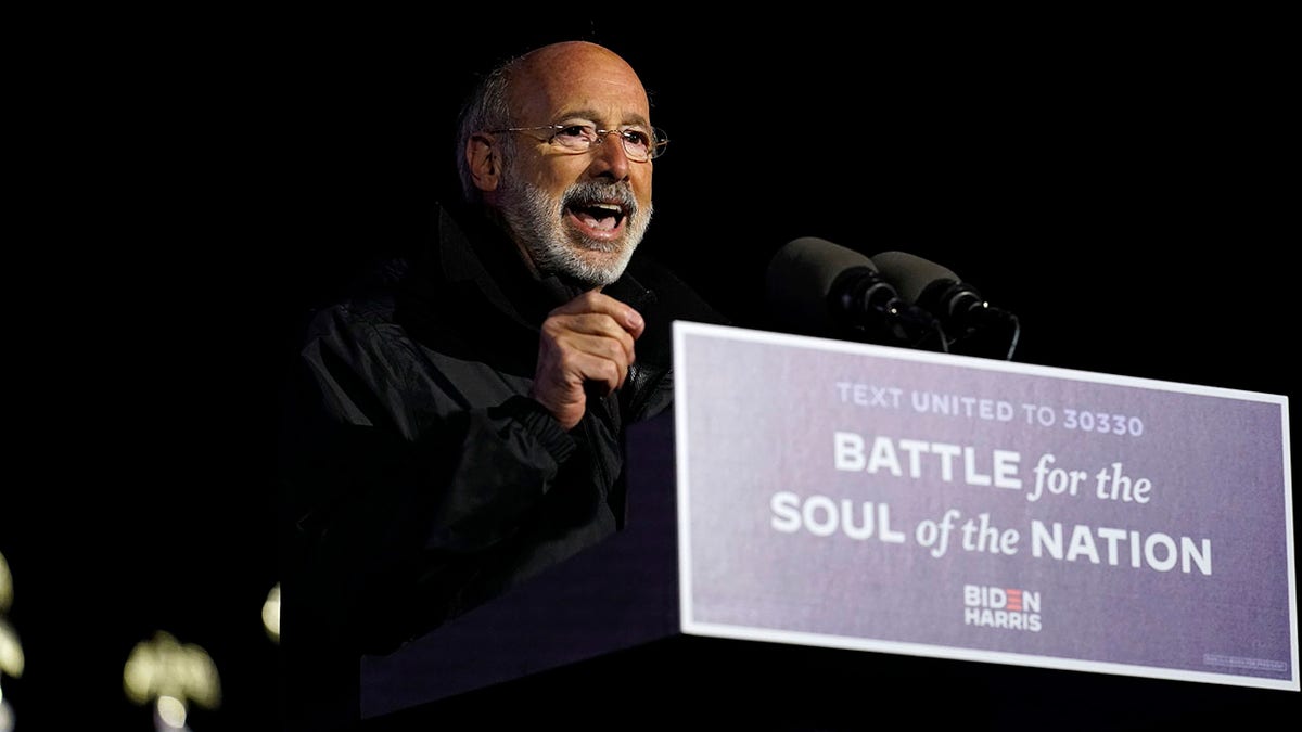 Pennsylvania Gov. Tom Wolf speaks during a drive-in rally for Democratic presidential candidate former Vice President Joe Biden at Heinz Field, Monday, Nov. 2, 2020, in Pittsburgh. (AP Photo/Andrew Harnik)