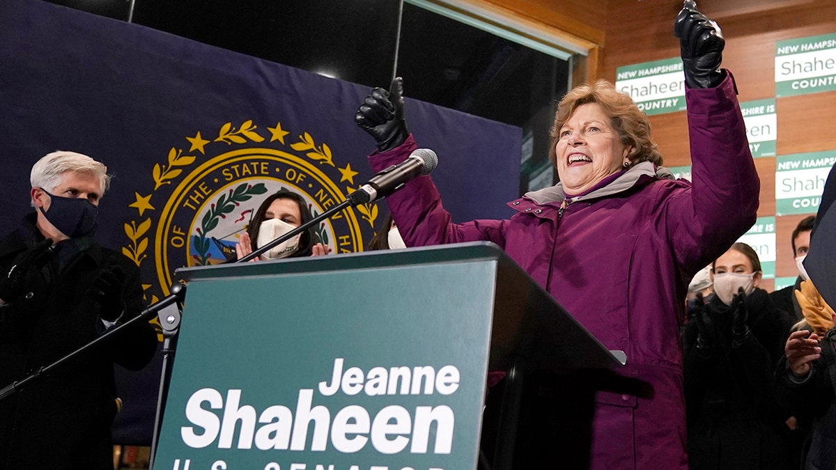 Sen. Jeanne Shaheen of New Hampshire raises her arms after claiming a re-election victory, at a gathering with supporters on Nov. 3, 2020, in Manchester, N.H.. (AP Photo/Charles Krupa)