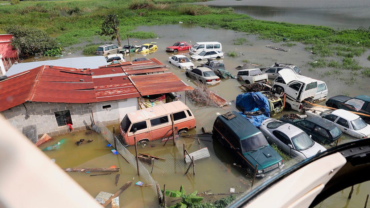 An aerial view of the massive, rain-fueled landslide in the village of Queja, in Guatemala, Nov. 7, in the aftermath of Tropical Storm Eta. (Esteban Biba/Pool Photo via AP)