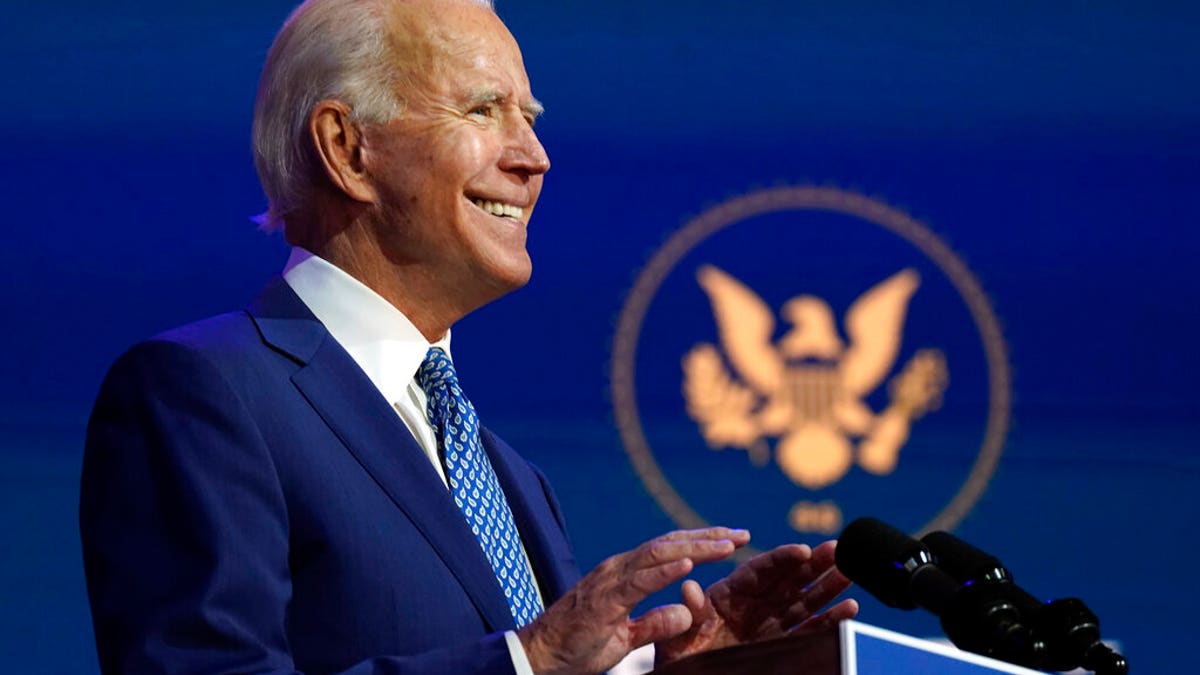 President-elect Joe Biden speaks Monday, Nov. 9, 2020, at The Queen theater in Wilmington, Del. (AP Photo/Carolyn Kaster)