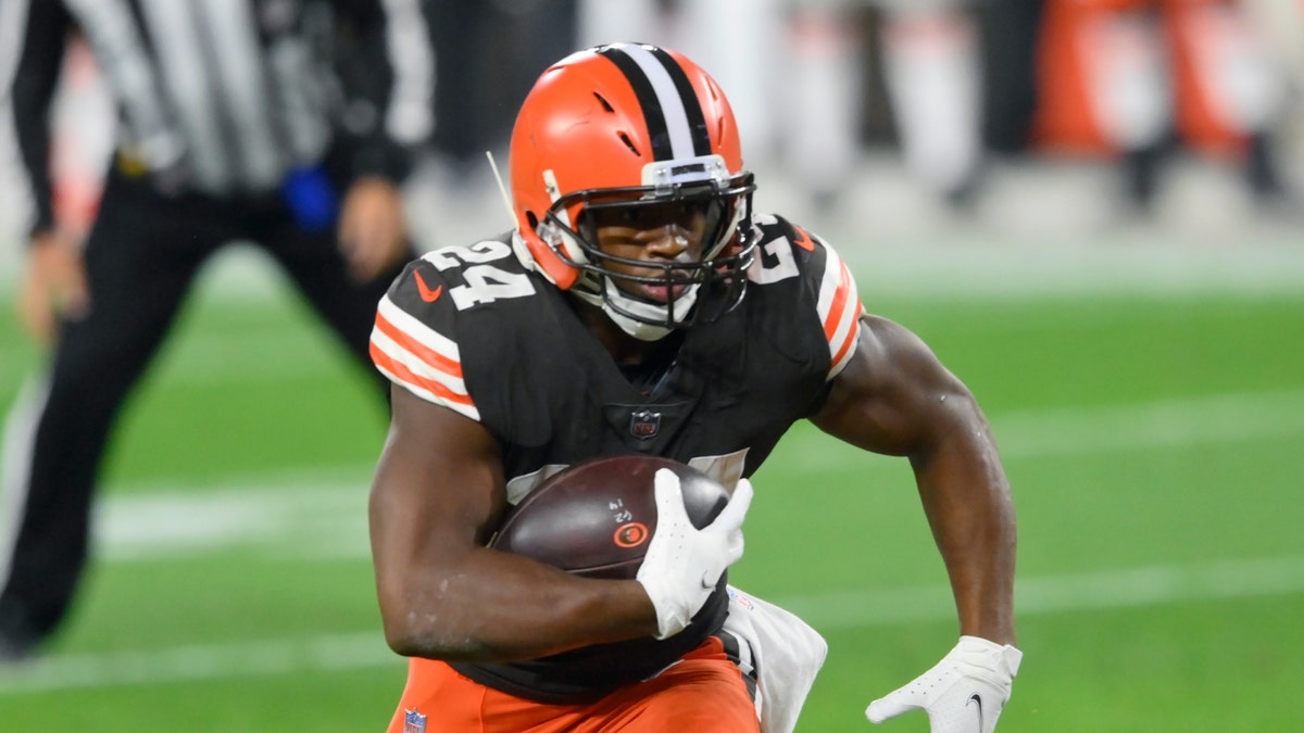 FILE - Cleveland Browns running back Nick Chubb runs with the ball in the first quarter of an NFL football game against the Cincinnati Bengals in Cleveland, in this Thursday, Sept. 17, 2020, file photo. (AP Photo/David Richard, File)