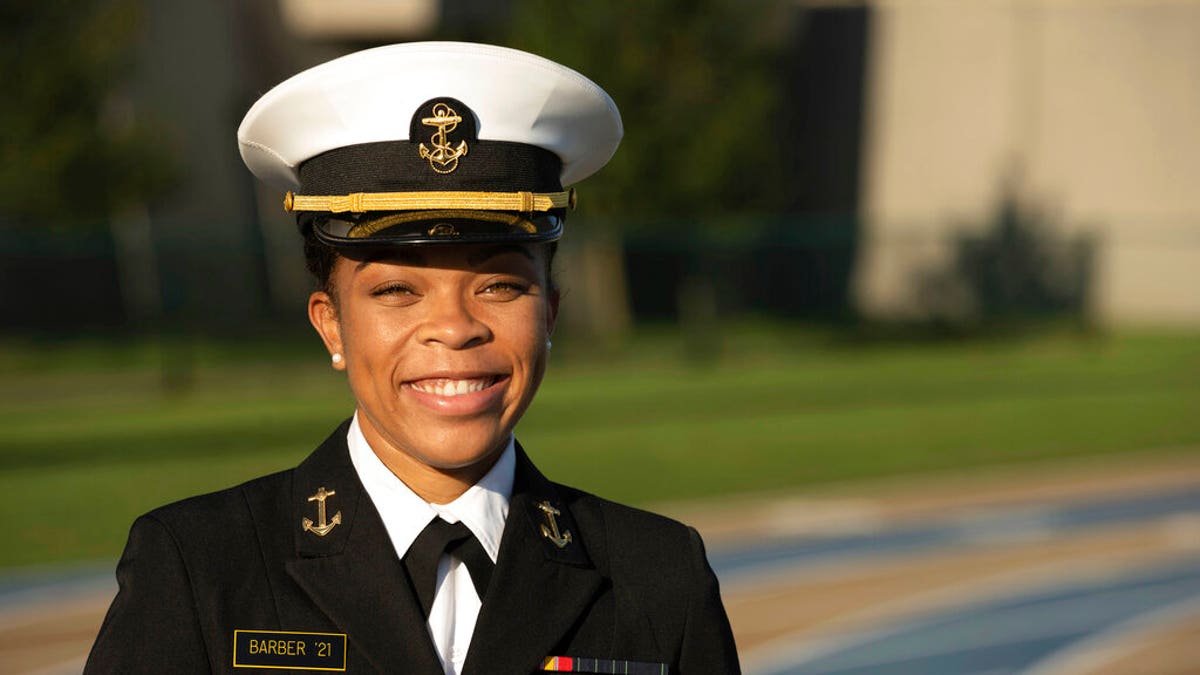 This undated photo provided by the U.S. Navy shows Midshipman 1st Class Sydney Barber, from Lake Forest, Ill. Barber is slated to be the Naval Academy's first African American female brigade commander, the U.S. Naval Academy announced Monday, Nov. 9, 2020. (Petty Officer 2nd Class Nathan Burke/U.S. Navy via AP)